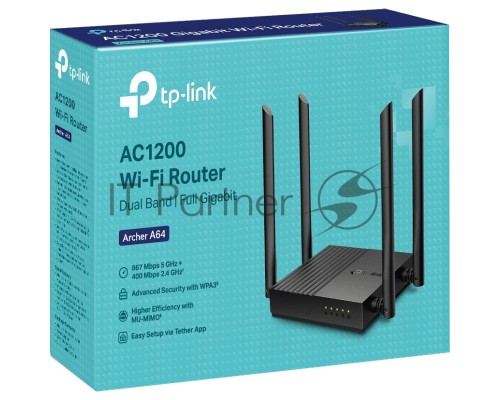 Роутер TP-Link Archer A64 AC1300 Wi-Fi роутер с MU-MIMO. RouterSPEED: 400 Mbps at 2.4GHz + 867Mbps at 5GHz SPEC: 4×Antennas, 1×Gigabit WAN Port + 4×Gigabit LAN Ports FEATURE: Tether App, WPA3, Access Point Mode, IPv6 Supported, IPTV, Beamforming, Smart C