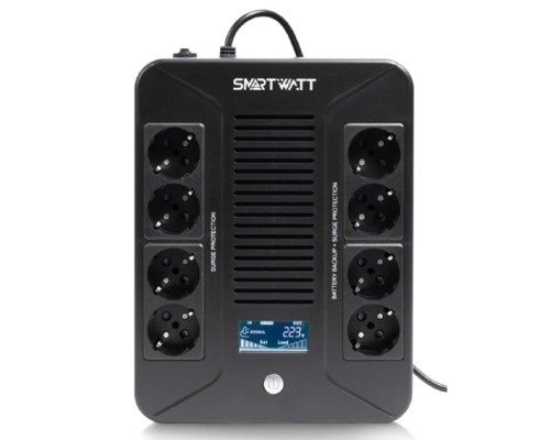 [Смартватт] SMARTWATT UPS SAFE PRO LCD 600 {линейно-интерактивный, 600/360 ВА/Вт, напольный/настенный, LCD дисплей, Shuko CEE7/4 - 8 шт. (4 шт. с резервным питанием, 4 шт. - сетевой фильтр}