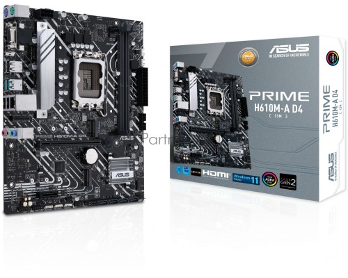 Материнская плата ASUS PRIME H610M-A D4-CSM, LGA 1700, Intel H610, 2xDDR4, 4xSATA, 2xM.2, 1xPCI-E 4.0 x16, 1xPCI-E x1, 1xDisplayPort, 1xD-Sub, 1xHDMI, 1x 1Gb LAN, 4xUSB-A 2.0, 2xUSB-A 3.2 Gen 1, 7.1, mATX