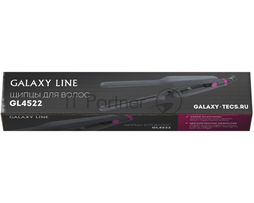 Щипцы для волос Galaxy Line GL 4522, черный, 30 Вт, керамическое покрытие рабочей поверхности, размер пластин 100х9 мм, нагревательный элемент с защитой от перегрева, температура 180°С, индикатор работы, петля для подвешивания, длина шнура  1,7