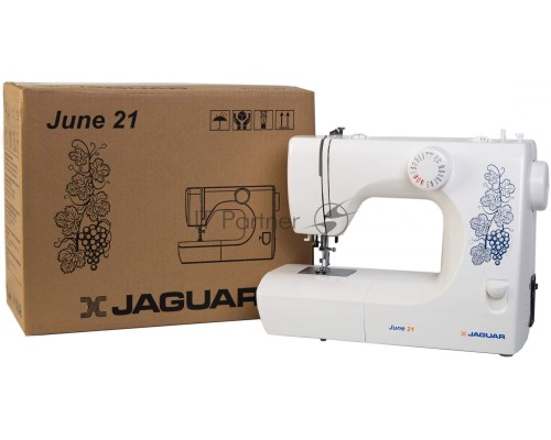 Швейная машина Jaguar June 21 21 операций, вертикальный челнок, петля в полуавтоматическом режиме в 4 приема, максимальная ширина зигзага -5 мм и длина стежка 5 мм, регулировка натяжения верхней нити, автоматическая намотка нити на шпульку, максимальный 