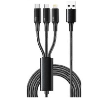 Rexant (18-7075) Кабель USB 3в1 Type-С (6A), Lightning (2,4A), micro USB (3A) 1,2м, в черной оплетке