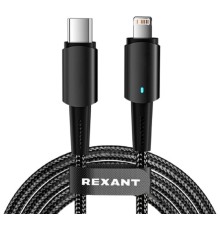 Rexant (18-7069) Кабель Type-C – Lightning для Apple, 3А, 1м, в черной нейлоновой оплетке, со световой индикацией