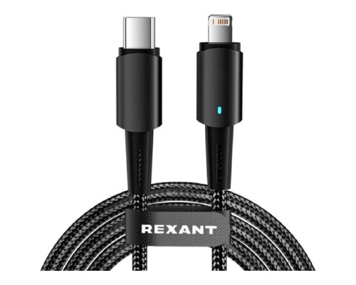 [Кабели] Rexant (18-7069) Кабель Type-C – Lightning для Apple, 3А, 1м, в черной нейлоновой оплетке, со световой индикацией