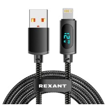 Rexant (18-7062) Кабель USB-A – Lightning для Apple, 2,4А, 1м, в черной нейлоновой оплетке, c LED дисплеем