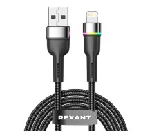 Rexant (18-7059) Кабель USB-A – Lightning для Apple, 2,4А, 1м, в черной нейлоновой оплетке, с LED подсветкой