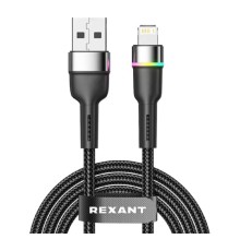 Rexant (18-7059) Кабель USB-A – Lightning для Apple, 2,4А, 1м, в черной нейлоновой оплетке, с LED подсветкой
