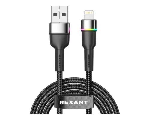 [Кабели] Rexant (18-7059) Кабель USB-A – Lightning для Apple, 2,4А, 1м, в черной нейлоновой оплетке, с LED подсветкой