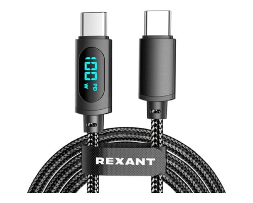 [Кабели] Rexant (18-7074) Кабель Type-C – Type-С, 5A, 100Вт, 1м, в черной нейлоновой оплетке, с LED дисплеем