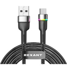 Rexant (18-7065) Кабель USB-A – Type-C, 3А, 18Вт, 1м, в черной нейлоновой оплетке, с LED подсветкой