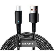 Rexant (18-7064) Кабель USB-A – Type-C, 6А, 66Вт, 1м, в черной нейлоновой оплетке, со световой индикацией