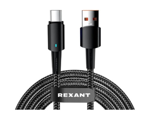 [Кабели] Rexant (18-7064) Кабель USB-A – Type-C, 6А, 66Вт, 1м, в черной нейлоновой оплетке, со световой индикацией