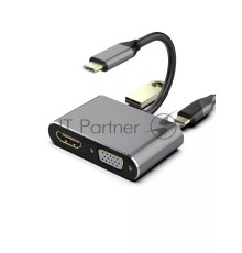 Кабель-концентратор USB3.1 TypeCm -->HDMI+USB3.0+PD+VGA Alum Grey 4K@30Hz, Telecom<TUC055>