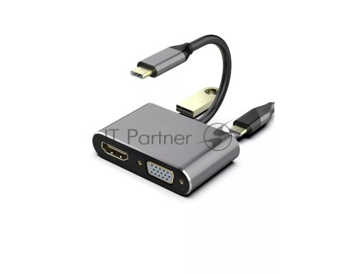Кабель-концентратор USB3.1 TypeCm -->HDMI+USB3.0+PD+VGA Alum Grey 4K@30Hz, Telecom<TUC055>