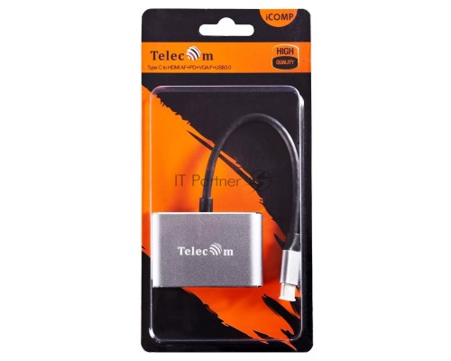 Кабель-концентратор USB3.1 TypeCm -->HDMI+USB3.0+PD+VGA Alum Grey 4K@30Hz, Telecom<TUC055>