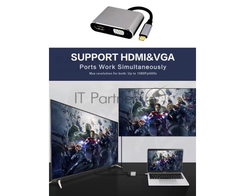Кабель-концентратор USB3.1 TypeCm -->HDMI+USB3.0+PD+VGA Alum Grey 4K@30Hz, Telecom<TUC055>