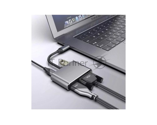 Кабель-концентратор USB3.1 TypeCm -->HDMI+USB3.0+PD+VGA Alum Grey 4K@30Hz, Telecom<TUC055>