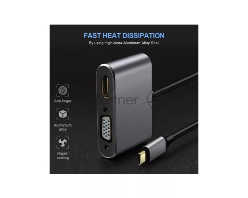 Кабель-концентратор USB3.1 TypeCm -->HDMI+USB3.0+PD+VGA Alum Grey 4K@30Hz, Telecom<TUC055>