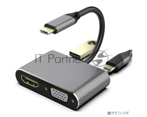 Кабель-концентратор USB3.1 TypeCm -->HDMI+USB3.0+PD+VGA Alum Grey 4K@30Hz, Telecom<TUC055>
