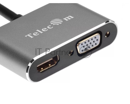 Кабель-концентратор USB3.1 TypeCm -->HDMI+USB3.0+PD+VGA Alum Grey 4K@30Hz, Telecom<TUC055>