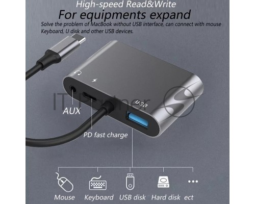 Адаптер USB Type-Cm-->VGA, HDMI 4k*30Hz, USB3.0, PD, Audio,iOpen (Aopen/Qust/VCOM)<ACU4511>