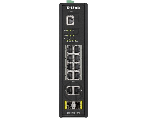 Промышленный управляемый коммутатор D-Link DIS-200G-12PS/A2A 2 уровня с 10 портами 10/100/1000Base-T и 2 портами 1000Base-X SFP (8 портов с поддержкой PoE 802.3af/802.3at (30 Вт), PoE-бюджет до 240Вт)