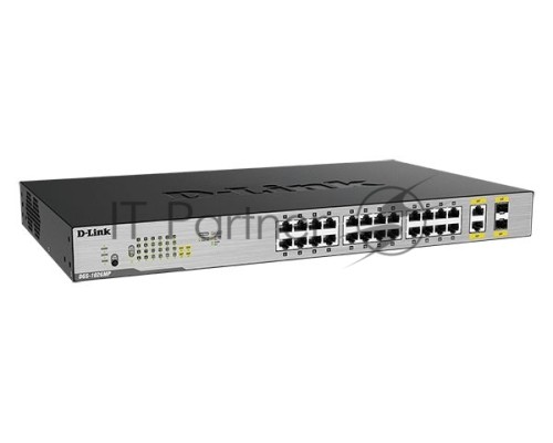 Неуправляемый коммутатор D-Link DGS-1026MP/B1A с 24 портами 10/100/1000Base-T, 2 комбо-портами 100/1000Base-T/SFP и функцией энергосбережения (24 порта PoE 802.3af/at (30 Вт), PoE-бюджет 370 Вт)