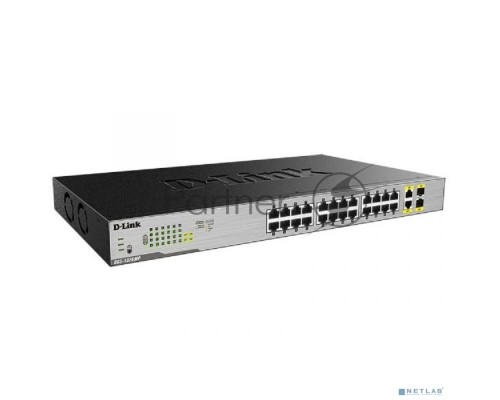 Неуправляемый коммутатор D-Link DGS-1026MP/B1A с 24 портами 10/100/1000Base-T, 2 комбо-портами 100/1000Base-T/SFP и функцией энергосбережения (24 порта PoE 802.3af/at (30 Вт), PoE-бюджет 370 Вт)