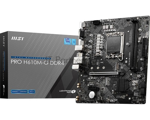 Материнская плата MSI PRO H610M-G DDR4, LGA 1700, Intel H610, 2xDDR4, 4xSATA, 1xM.2, 1xPCI-E 4.0 x16, 1xPCI-E 3.0 x1, 1xHDMI, 1xDisplayPort, 1xVGA, 1xRJ45 1Gb, 2xUSB-A 3.2 Gen 1, 4xUSB-A 2.0, 3x3.5мм, 7.1, Micro-ATX