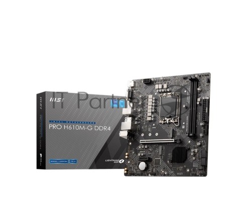 Материнская плата MSI PRO H610M-G DDR4, LGA 1700, Intel H610, 2xDDR4, 4xSATA, 1xM.2, 1xPCI-E 4.0 x16, 1xPCI-E 3.0 x1, 1xHDMI, 1xDisplayPort, 1xVGA, 1xRJ45 1Gb, 2xUSB-A 3.2 Gen 1, 4xUSB-A 2.0, 3x3.5мм, 7.1, Micro-ATX