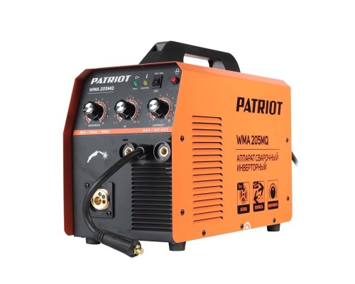 [Сварочное оборудование, Инверторы] PATRIOT WMA 205MQ MIG/MAG/MMA Полуавтомат сварочный инверторный [605302155] { стальной и флюсовой проволокой 0.6/0.8 мм, сварка электродом (MMA) до 4мм, сварочный ток в режиме MIG: 40-200А }