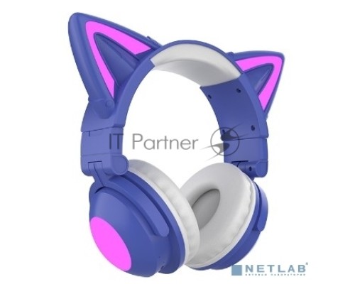 Гарнитура Party Cat mini ВТ 0050 (фиолетово-голубые) c подсветкой, накладная, Bluetooth 5.0+EDR, 360 мА-ч, до 10 часов работы, пластик+экокожа