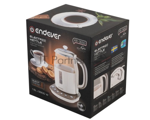 Чайник электрический Endever Skyline KR-365G, бежевый, мощность 1850 Вт, емкость 1,5 л, корпус из пластика, стекла и нержавеющей стали, 6 шт/уп.