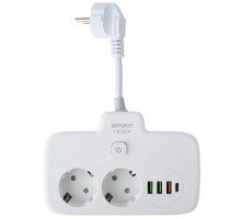 Amper сетевой удлинитель, 0,2м, 2 розетки, 3*0,75мм, 10А, 2500 Вт, 3usb, 1Type-C, 1кн, белый. [T2535W]