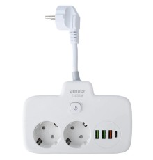 Amper сетевой удлинитель, 0,2м, 2 розетки, 3*0,75мм, 10А, 2500 Вт, 3usb, 1Type-C, 1кн, белый. [T2535W]