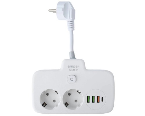 [Сетевые фильтры] Amper сетевой удлинитель, 0,2м, 2 розетки, 3*0,75мм, 10А, 2500 Вт, 3usb, 1Type-C, 1кн, белый. [T2535W]