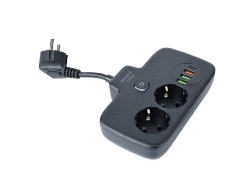 [Сетевые фильтры] Amper сетевой удлинитель, 0,2м, 2 розетки, 3*0,75мм, 10А, 2500 Вт, 3usb, 1Type-C, 1кн, черный. [T2535B]