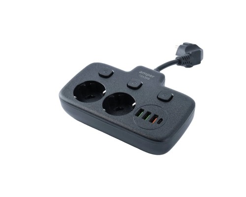 [Сетевые фильтры] Amper сетевой удлинитель, 0,2м, 2 розетки, 3*0,75мм, 10А, 2500 Вт, 3usb, 1Type-C, 3кн, черный. [T2435B]