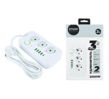 Amper сетевой удлинитель, 2,0м, 3 розетки, 3*0,75мм, 10А, 2500 Вт, 4usb, 1Type-C, белый. [JH-1074U-2W]