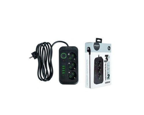 [Сетевые фильтры] Amper сетевой удлинитель, 2,0м, 3 розетки, 3*0,75мм, 10А, 2500 Вт, 4usb, 1Type-C, черный. [JH-1074U-2B]