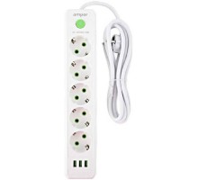 Amper сетевой удлинитель, 2,0м, 5 розеток, 10А, 2500 Вт, 3usb, белый. [JH-1033U-2W]