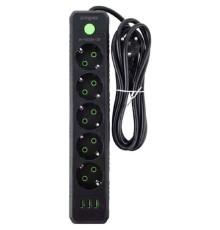 Amper сетевой удлинитель, 2,0м, 5 розеток, 10А, 2500 Вт, 3usb, черный. [JH-1033U-2B]