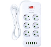 Amper сетевой удлинитель, 2,0м, 6 розеток, 10А, 2500 Вт, 4usb,2Type-C, белый. [JH-1076U-2W]