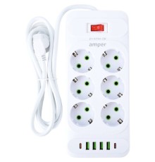 Amper сетевой удлинитель, 2,0м, 6 розеток, 10А, 2500 Вт, 4usb,2Type-C, белый. [JH-1076U-2W]