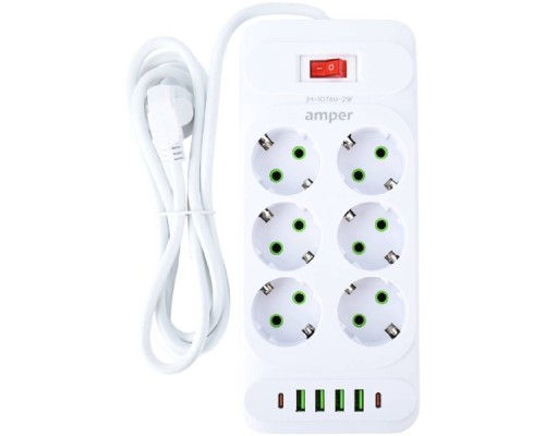 [Сетевые фильтры] Amper сетевой удлинитель, 2,0м, 6 розеток, 10А, 2500 Вт, 4usb,2Type-C, белый. [JH-1076U-2W]