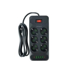 Amper сетевой удлинитель, 2,0м, 6 розеток, 10А, 2500 Вт, 4usb,2Type-C, черный. [JH-1076U-2B]