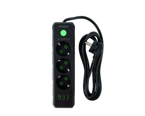 [Сетевые фильтры] Amper сетевой удлинитель, 4,0м, 3 розетки, 10А, 2500 Вт, 3usb, черный. [JH-1031U-4B]