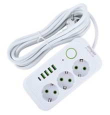 Amper сетевой удлинитель, 4,0м, 3 розетки, 3*0,75мм, 10А, 2500 Вт, 4usb, 1Type-C, белый. [JH-1074U-4W]