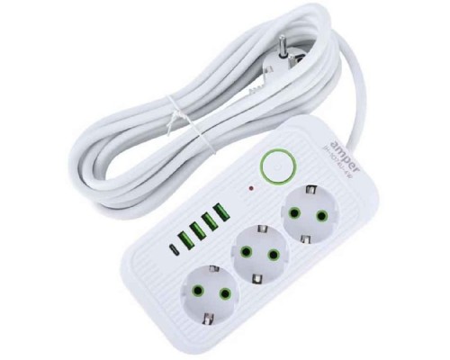 [Сетевые фильтры] Amper сетевой удлинитель, 4,0м, 3 розетки, 3*0,75мм, 10А, 2500 Вт, 4usb, 1Type-C, белый. [JH-1074U-4W]
