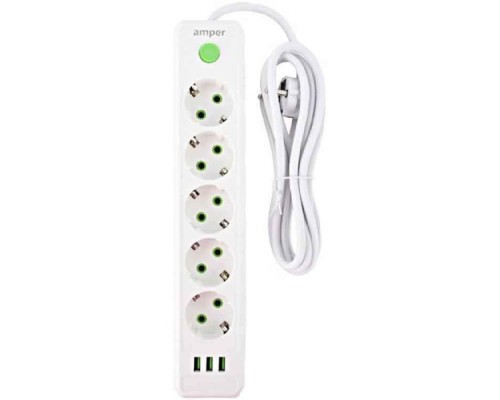 [Сетевые фильтры] Amper сетевой удлинитель, 4,0м, 5 розеток, 10А, 2500 Вт, 3usb, белый. [JH-1033U-4W]